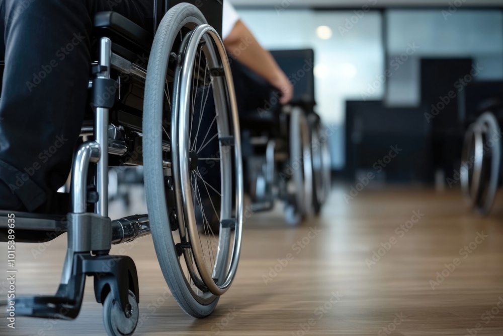 Fototapeta premium Empowerment and accessibility: wheelchair perspective in modern office