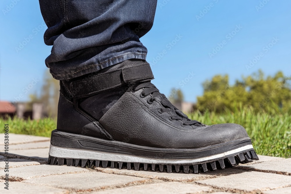 Close-up of black boot with orthopedic feature on pavement Close-up of black boot with orthopedic feature on pavement