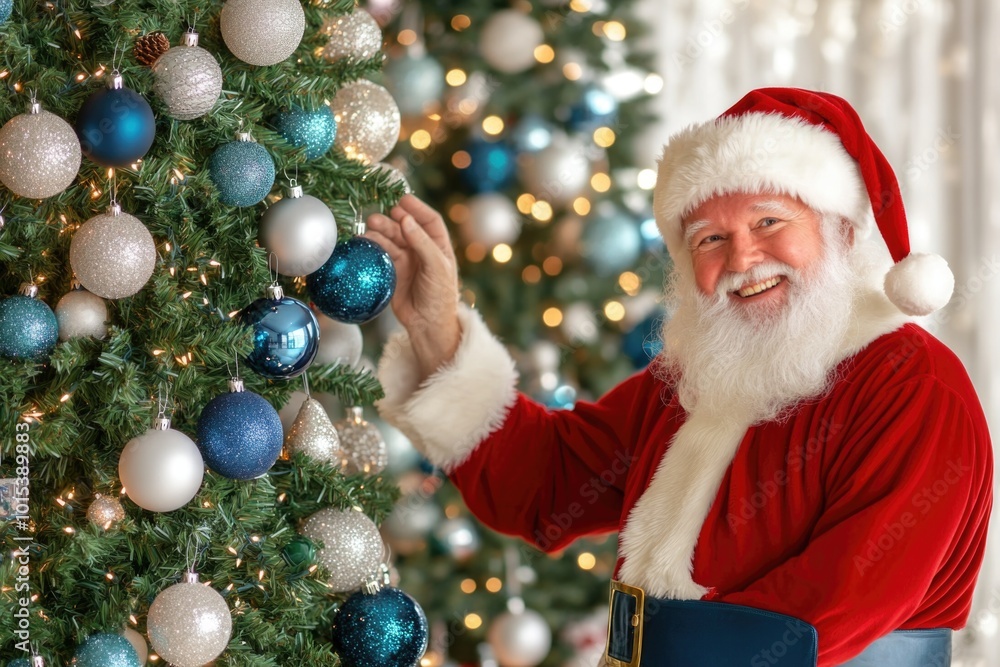 Joyful santa decorating a christmas tree with blue and silver ornaments Joyful santa decorating a christmas tree with blue and silver ornaments