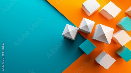 White cubes on right flank, orange and white cubes floating over blue-orange background