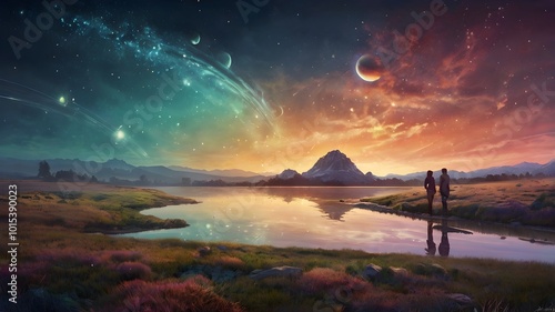 fantasy landscape with two people observing a spectacular sky featuring multiple moons, fantasy, science fiction, planets, moons, space, mountains, lake, reflection, sunset, couple, silhouettes