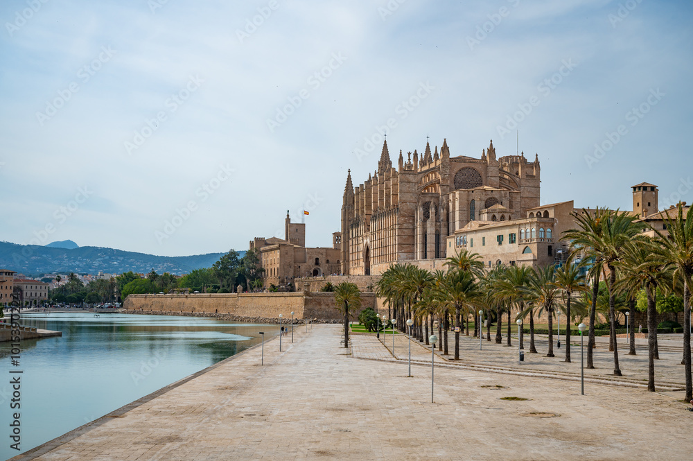 Cathedral of Santa Maria of Palma La Seu in Palma de Mallorca back side of the cathedrale with lake and park, wide angle shot, majorca Cathedral of Santa Maria of Palma La Seu in Palma de Mallorca back side of the cathedrale with lake and park, wide angle shot, majorca