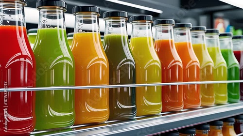 Colorful Bottles of Fresh Juice Displayed on Shelf in Grocery Store

 photo