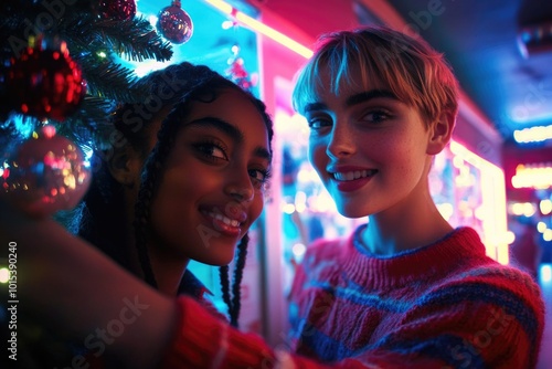 Festive joy: friends celebrating under vibrant neon holiday lights