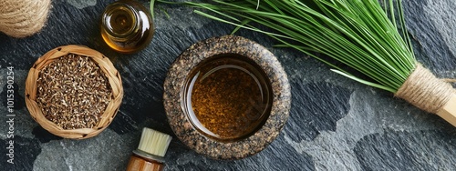 vetiver essential oil mortar top view. Selective focus