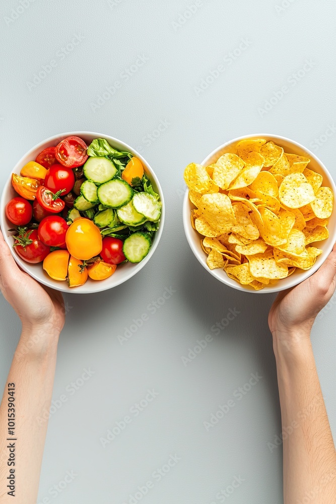 bowl of salad and bowl of chips healthy and junk food. Selective focus bowl of salad and bowl of chips healthy and junk food. Selective focus
