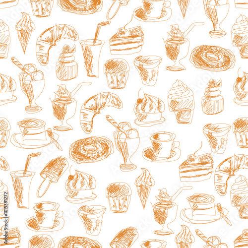 Seamless pattern with drinks an desserts art print for textile, paper, wallpaper decor design food kitchen cafe restaurants	
