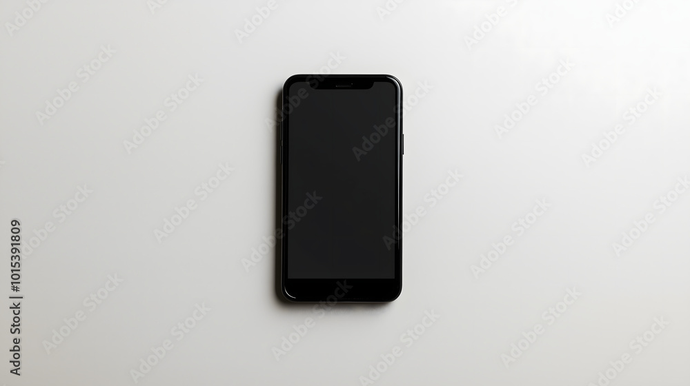 A modern smartphone with a black screen, centered on a solid white background A modern smartphone with a black screen, centered on a solid white background