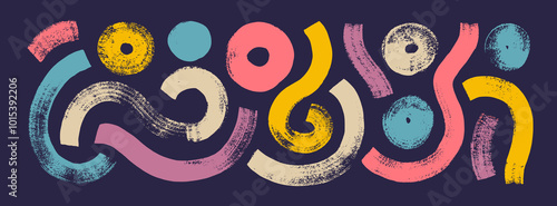 Hand drawn bold curved brush strokes, circles and waves collection. Vector naive geometric shapes with dry brush texture.
