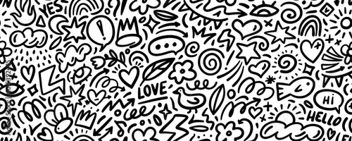 Childish doodle funky seamless pattern with cute illustrations.