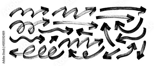 Bold brush drawn curved and wavy arrows. Doodle marker thick arrows in different directions.