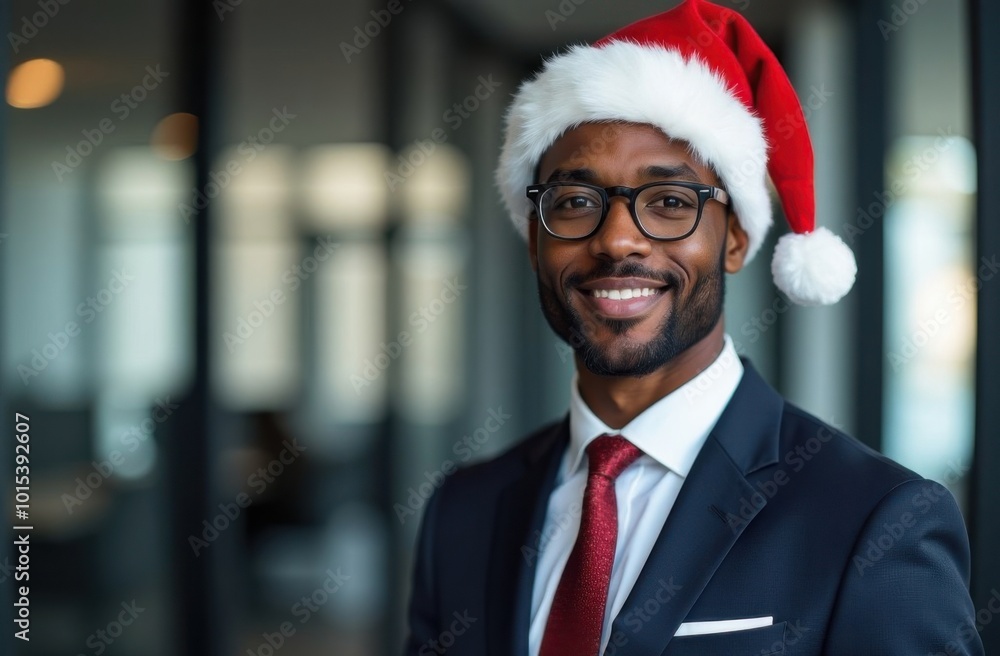 Businessman smiling wearing santa hat in office Businessman smiling wearing santa hat in office