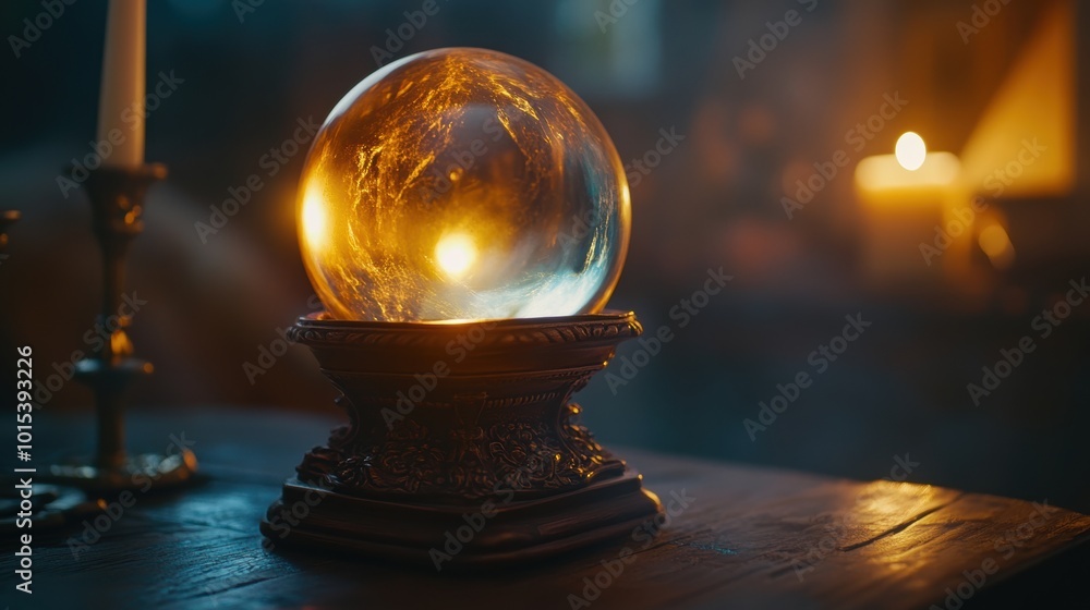glowing crystal ball resting on an ornate wooden stand,, candlelight illuminating the scene glowing crystal ball resting on an ornate wooden stand,, candlelight illuminating the scene
