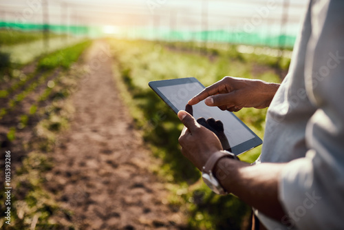 Hands, person and tablet on farm outdoor for agriculture production, crops inspection and plant growth. Farmer, typing and digital with farming app, monitor soil and quality assurance of environment