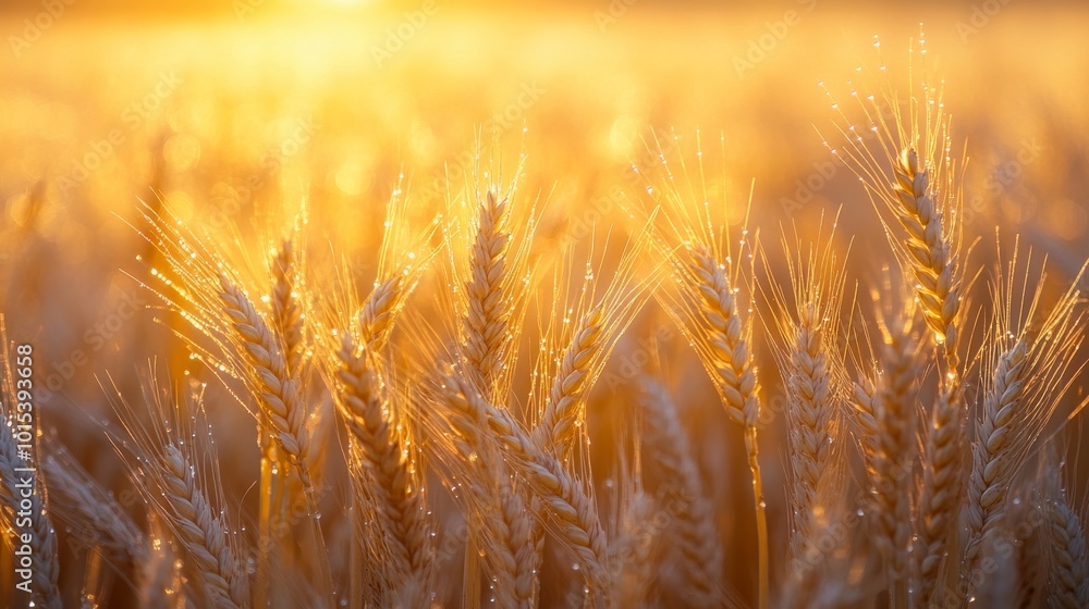 A picturesque golden wheat field sparkling with dew in the early morning light, epitomizing natural beauty and the promise of a plentiful harvest in rural landscapes. A picturesque golden wheat field sparkling with dew in the early morning light, epitomizing natural beauty and the promise of a plentiful harvest in rural landscapes.