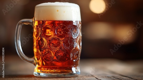 A frothy mug filled with rich amber beer sits on a rustic wooden table, inviting relaxation and enjoyment, perfectly capturing the spirit of convivial gatherings.