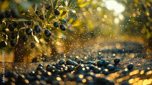 Sunlight filters through lush olive branches, illuminating a bountiful harvest of ripe black olives, evocative of abundance and agricultural tradition. photo