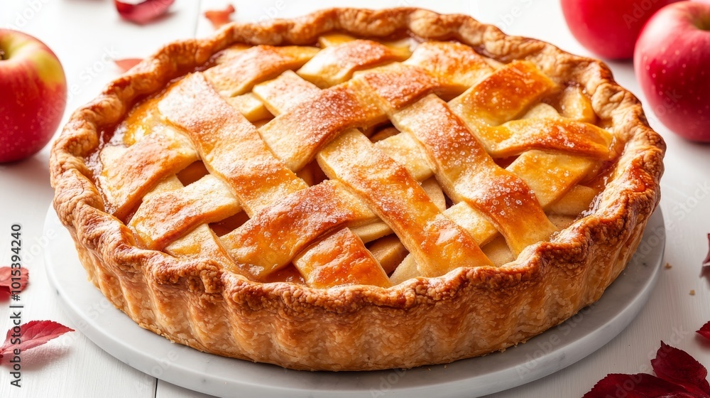 A beautifully baked lattice apple pie, showcasing golden crust and tender, juicy filling, surrounded by fresh, ripe red apples on a light wooden table. A beautifully baked lattice apple pie, showcasing golden crust and tender, juicy filling, surrounded by fresh, ripe red apples on a light wooden table.