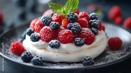 A luscious pavlova dessert adorned with an array of fresh raspberries, blackberries, and a mint garnish, dusted with powdered sugar on a black plate. photo