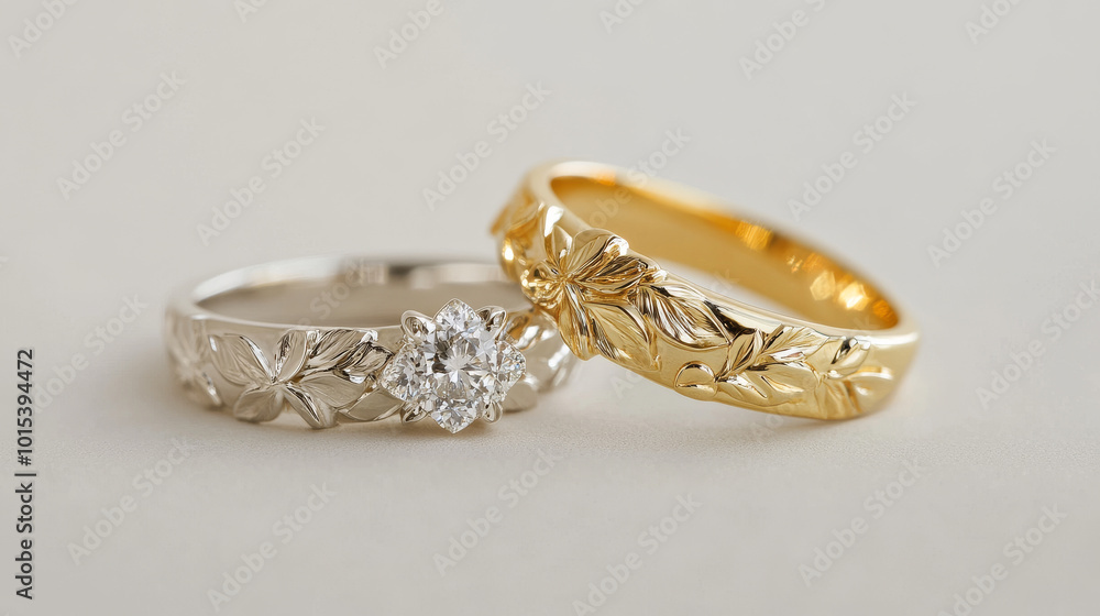 Beautiful engagement rings in yellow and white gold, decorated with sparkling gemstones. Each ring is photographed individually against a plain background. Beautiful engagement rings in yellow and white gold, decorated with sparkling gemstones. Each ring is photographed individually against a plain background.