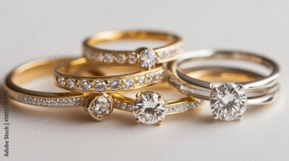 Beautiful engagement rings in yellow and white gold, decorated with sparkling gemstones. Each ring is photographed individually against a plain background. Beautiful engagement rings in yellow and white gold, decorated with sparkling gemstones. Each ring is photographed individually against a plain background.