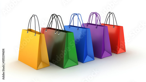 Colorful shopping bags, all empty, shown against a white background. This is a computer-generated image.