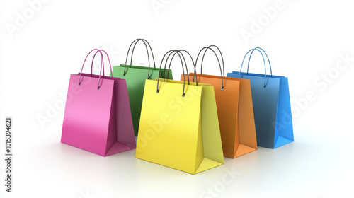 Colorful shopping bags, all empty, shown against a white background. This is a computer-generated image.