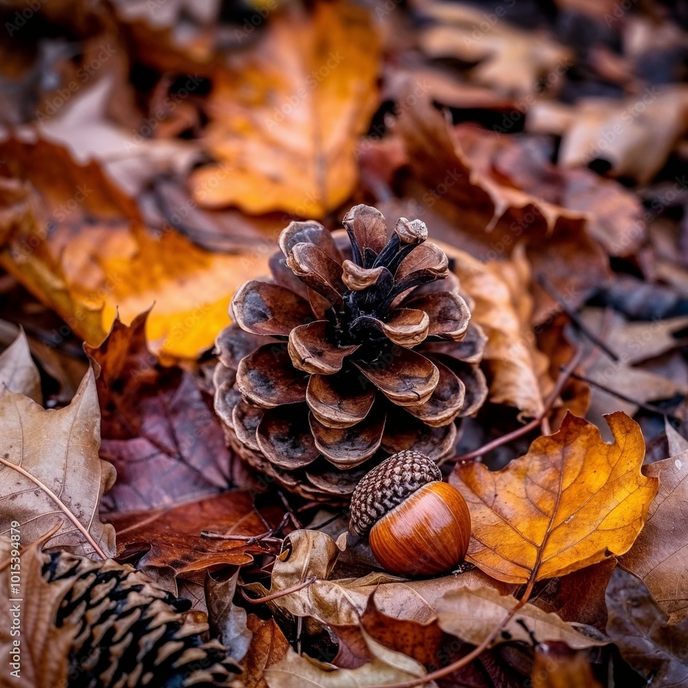 Pine cone and acorn surrounded by autumn leaves on forest floor