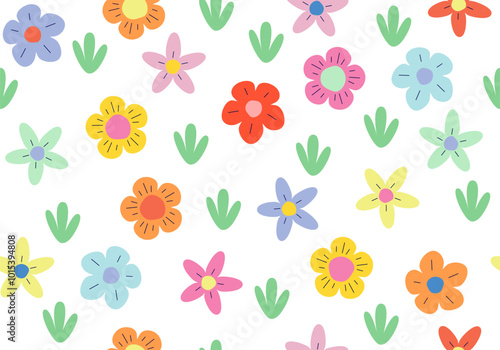 Seamless cute pattern with flowers. Colorful bright texture background. Vector illustration
