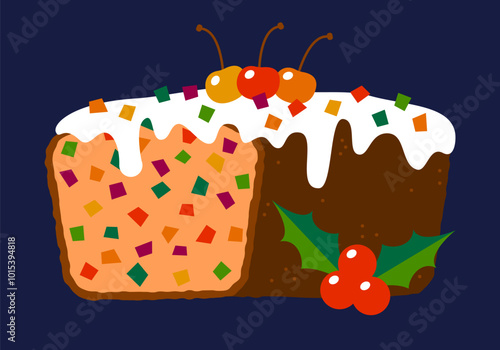 Christmas fruitcake. National Fruitcake Month. Stollen, traditional German holiday fruitcake. Traditional Christmas cake with fruits and nuts