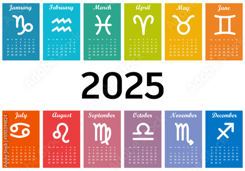 Zodiac calendar 2025. Calendar 2025 on white background. Colorful calendar 2025 year. Simple vector template