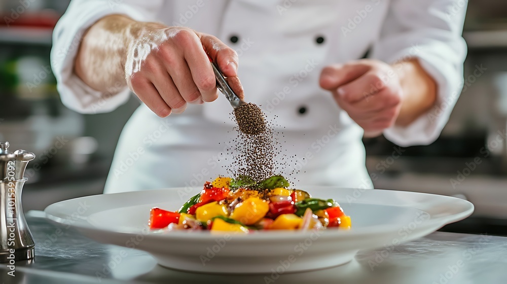 A chef in a bright, modern kitchen grinding pepper over a dish of sauted vegetables. A chef in a bright, modern kitchen grinding pepper over a dish of sauted vegetables.