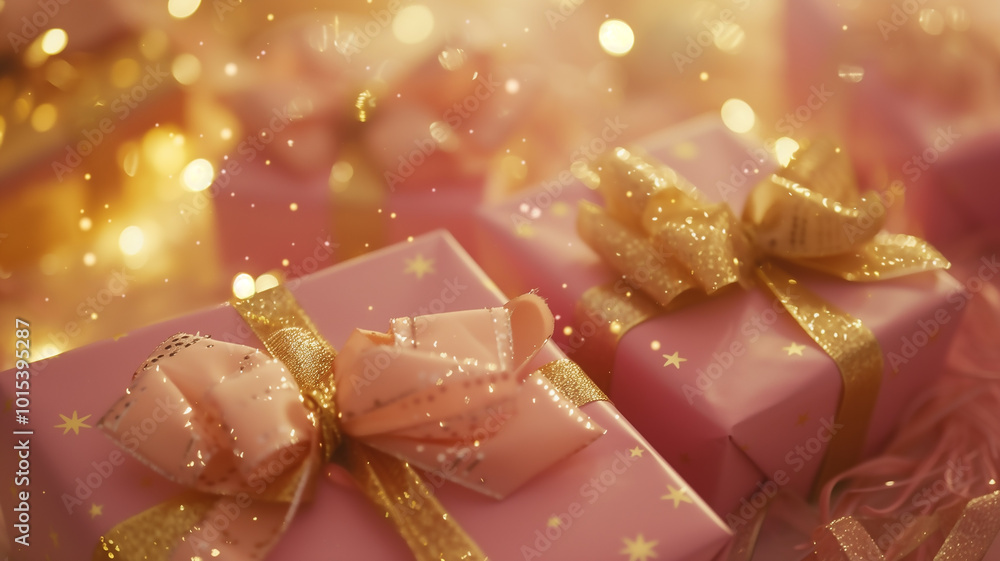 Close-up of Luxury Festive Pink Gift with Gold Bow Close-up of Luxury Festive Pink Gift with Gold Bow