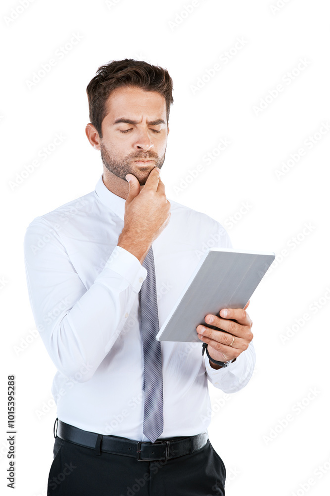 Tablet, thinking and business man in studio for ideas, problem solving and solution on white background. Corporate, professional and person on digital tech for networking, website review and research Tablet, thinking and business man in studio for ideas, problem solving and solution on white background. Corporate, professional and person on digital tech for networking, website review and research