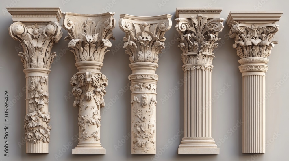 Obraz premium Set of ancient Greek and Roman column capitals with realistic designs.