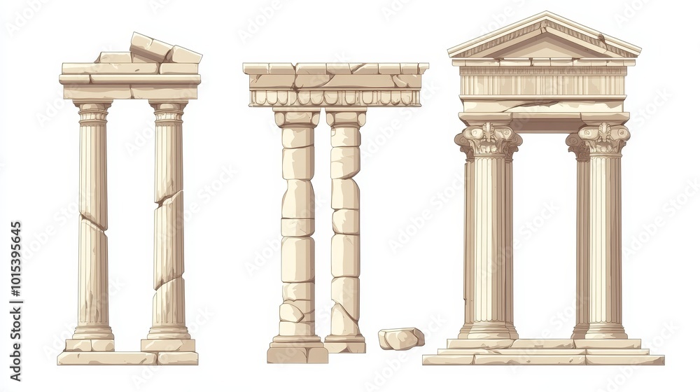 Set of ancient Greek temple with columns. Vector illustration isolated on white background. Set of ancient Greek temple with columns. Vector illustration isolated on white background.