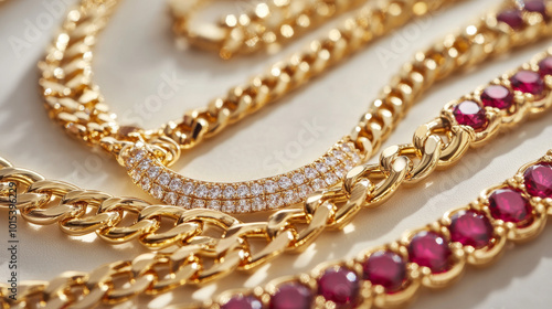 Shiny gold chains and necklaces, sparkling with rubies and diamonds. These elegant pieces of jewelry are stylish, luxurious, and perfect for adding a touch of glamour to any outfit.