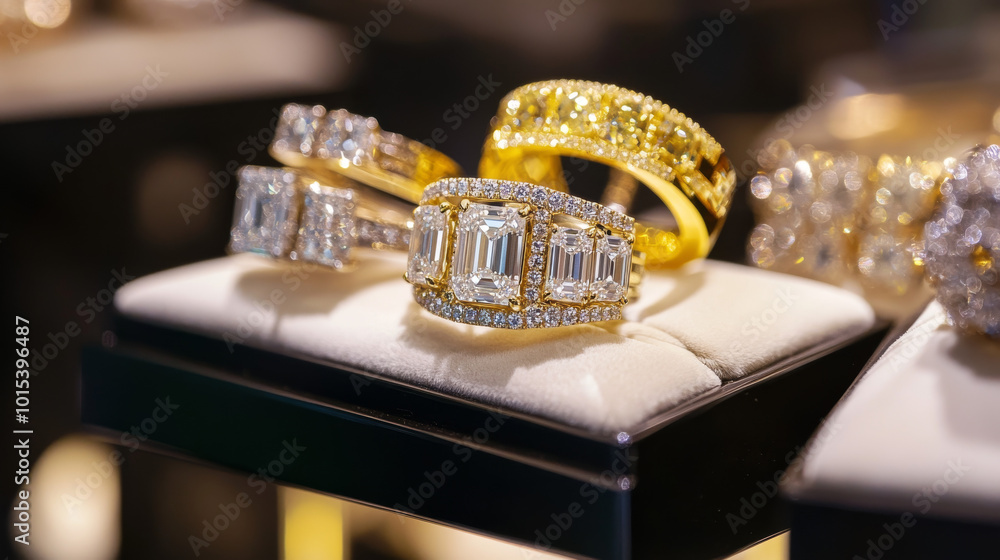 Sparkling diamond rings, crafted in both white and yellow gold, sit proudly displayed on a stand. Sparkling diamond rings, crafted in both white and yellow gold, sit proudly displayed on a stand.