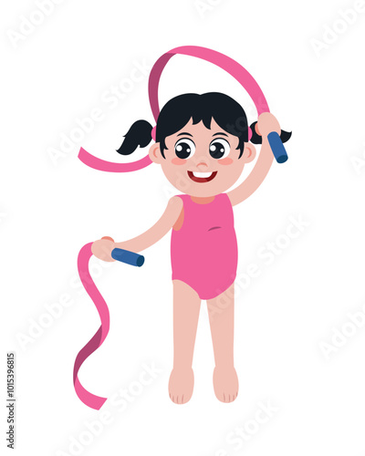 young gymnast girl with ribbon jumping