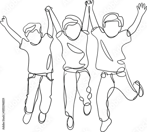 Joyful Children Jumping in Continuous Line Art, Children Illustration