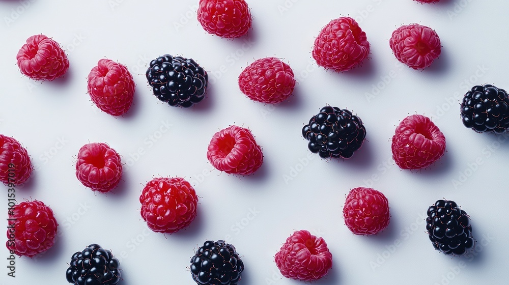 A collection of red and black berries on a white background with some extra raspberries sprinkled about A collection of red and black berries on a white background with some extra raspberries sprinkled about