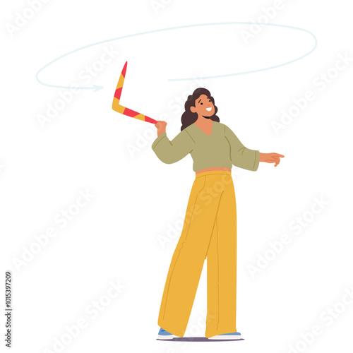 Cartoon Woman Joyfully Throwing Boomerang In The Air And Exhibiting A Happy Expression, Vector Image