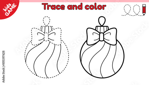 Kids educational game Tracing lines. Christmas tree decoration. Trace and color. Striped Xmas tree ball with bow knot. Handwriting practice worksheet for children. Writing and coloring page. Vector.