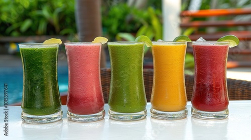   Different colored drinks line a table by a pool and chair