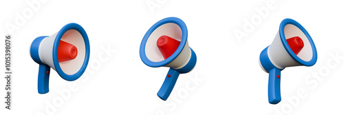 3D render of a megaphone from different angles. Isolated on a transparent background