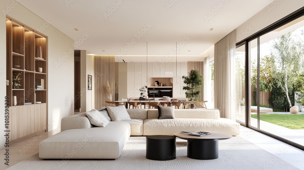 Fototapeta premium Spacious, modern home with ample natural light. Living room interior design concept. 3D rendering.