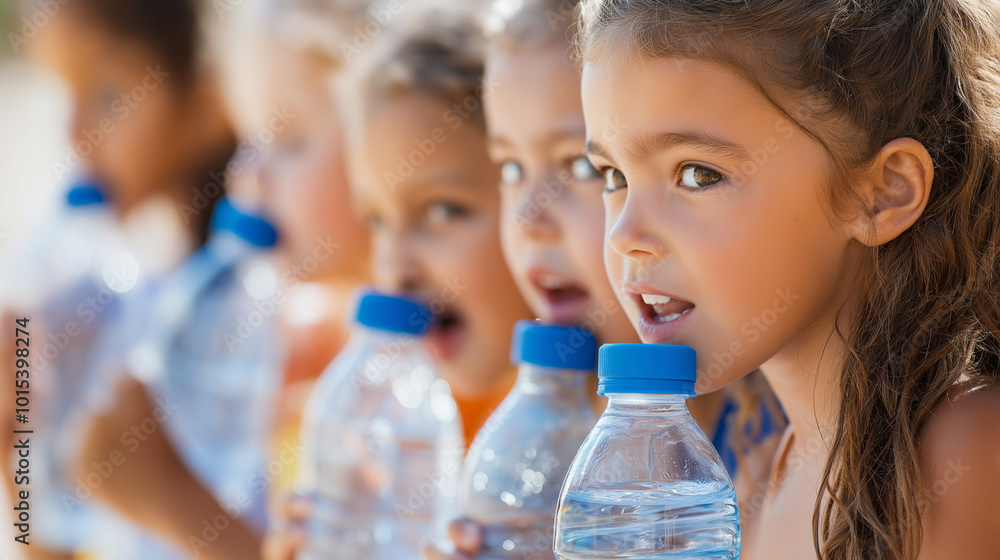 Hydration for Health, children drinking water from reusable bottles, with copy space, Child Health Day Hydration for Health, children drinking water from reusable bottles, with copy space, Child Health Day