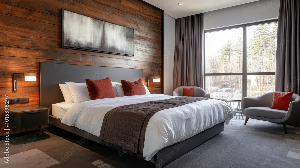 Fototapeta premium Spacious room with modern decor features a large bed against a dark wood accent wall, creating a stylish and inviting ambiance.