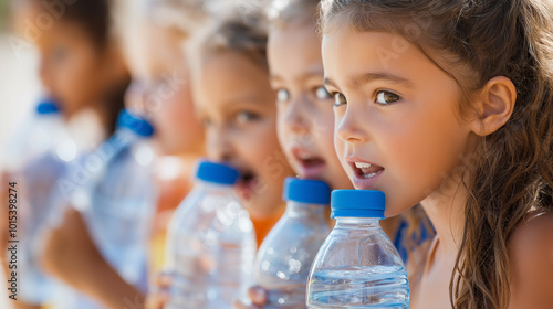 Hydration for Health, children drinking water from reusable bottles, with copy space, Child Health Day