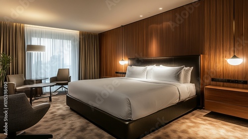 Spacious room with modern decor features a large bed against a dark wood accent wall, creating a stylish and inviting ambiance.